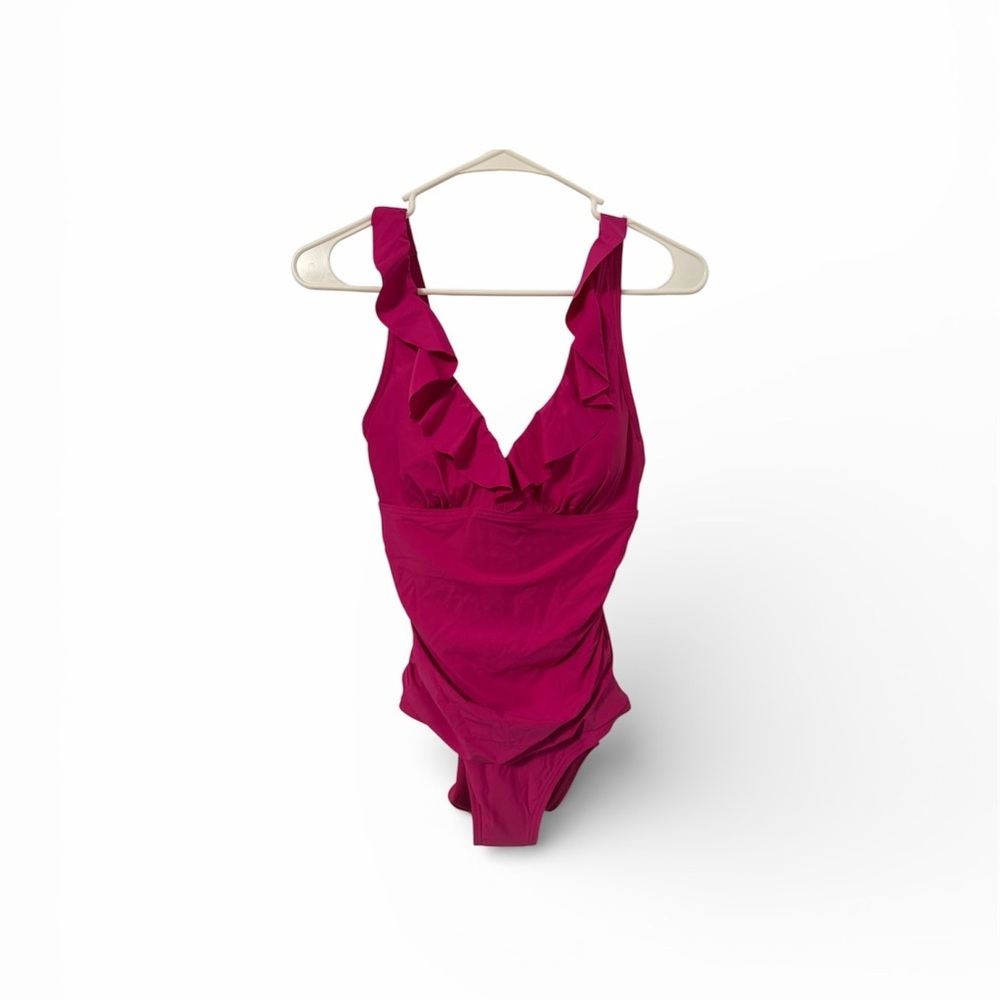 DKNY Womens Ruffle V-Neck One Piece Swimsuit with Tummy Control Size S NWT